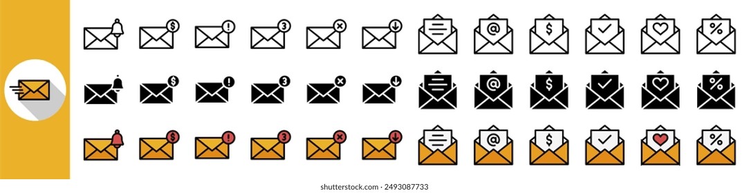 Email and electronic mail icon set for website, app, UI, isolated on white background, simple line vector illustration.