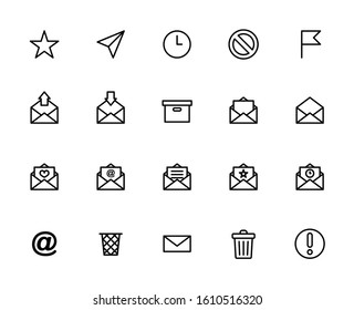 Email (electronic mail). Vector Line Black Icons Set. 