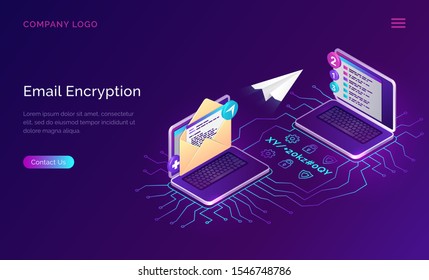 Email encryption, data security isometric concept vector. Open laptop, envelope with message on screen and flying paper airplane, neon connection lines and shield lock icons, communication protection