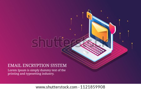 Email encryption, end to end encryption, email security - 3D style isometric design banner