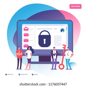 Email encryption. Internet data protection, business assets security system. Email encrypted and online backup service vector concept. Computer security and protection, network email illustration