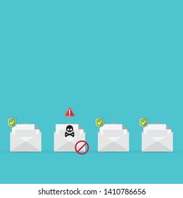 Email / envelope with black document and skull icon. Virus, malware, email fraud, e-mail spam, phishing scam, hacker attack concept. Vector illustration