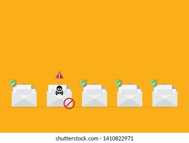Email / envelope with black document and skull icon. Virus, malware, email fraud, e-mail spam, phishing scam, hacker attack concept. Vector illustration