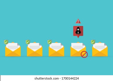 Email / envelope with black document and skull icon. Virus, malware, email fraud, e-mail spam, phishing scam, hacker attack concept. Vector illustration	