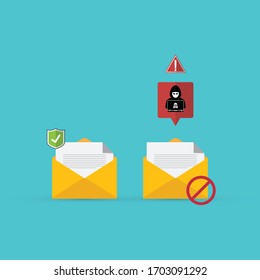 Email / envelope with black document and skull icon. Virus, malware, email fraud, e-mail spam, phishing scam, hacker attack concept. Vector illustration	