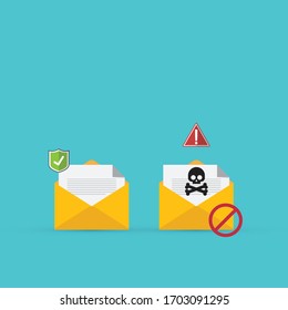 Correo electrónico / sobre con documento negro e icono del cráneo. Virus, malware, fraude por correo electrónico, spam por correo electrónico, fraude de phishing, concepto de ataque de hackers. Ilustración del vector	