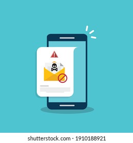 Email, Envelope With Black Document And Skull Icon Notification On A Smart Phone. Virus, Malware, Email Fraud, E-mail Spam, Phishing Scam, Hacker Attack Concept. Vector Illustration