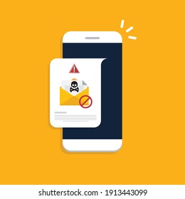 Email, envelope with black document and skull icon notification on a smart phone. Virus, malware, email fraud, e-mail spam, phishing scam, hacker attack concept. Vector illustration