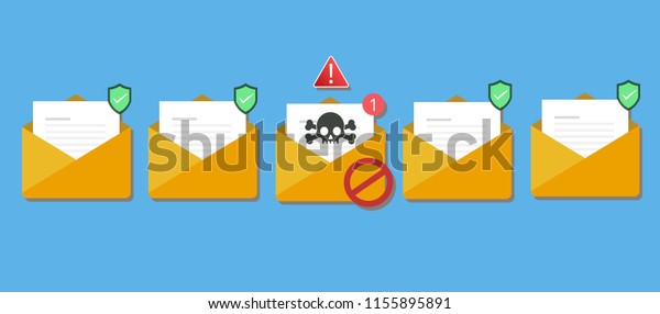Email / envelope with black document and\
skull icon. Virus, malware, email fraud, e-mail spam, phishing\
scam, hacker attack concept. Trendy flat design graphic with long\
shadow. Vector\
illustration
