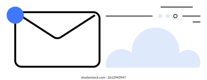Email envelope with blue notification badge, digital communication lines, and cloud symbol. Ideal for email services, notifications, updates, reminders, communication apps, cloud storage