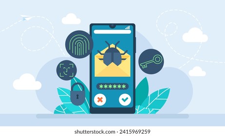 Email, envelope with bug. Virus, malware, email fraud, e-mail spam, phishing scam, hacker attack concept. Phone with alert, spam data, fraud error message, scam, virus. Vector illustration