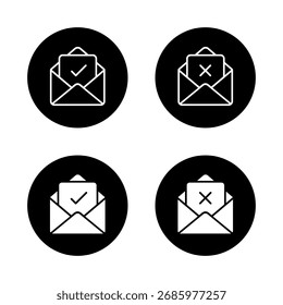 Envelope de email com ícone de marca de seleção e marca cruzada. Símbolo de mensagem aprovado e rejeitado em círculo preto