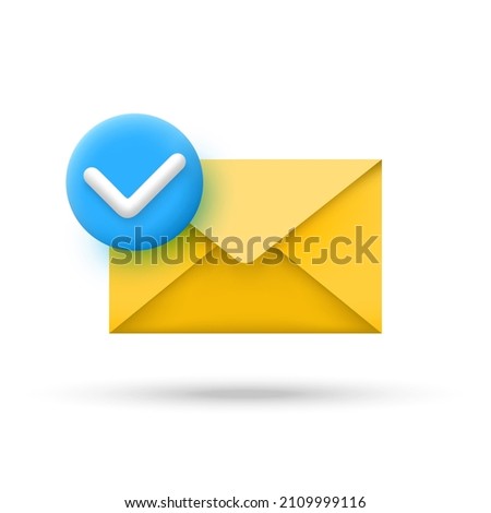 Email envelope with check mark icon in 3d cartoon minimal style. Vector illustration.