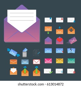 Email envelope cover icons communication and office correspondence blank cover address design paper empty card business writing message vector illustration.