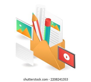Email envelope with creative pencil in isometric flat illustration