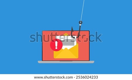 Email envelope and fishing hook. Internet phishing, hacked login and password. Antivirus, spyware, malware.Network and internet security.