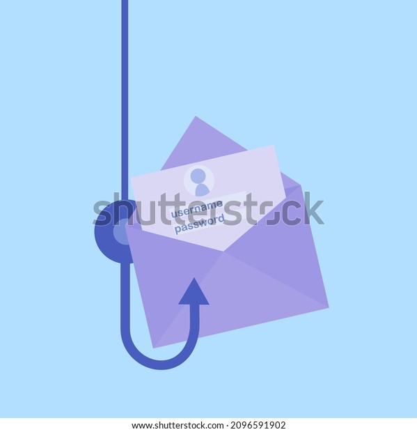 Email envelope and fishing hook.Phishing\
malware.Hacker and cyber criminals.Username and password.Network\
security.Cyber thief.Cartoon vector illustration.Flat design.Sign,\
symbol, icon or logo.