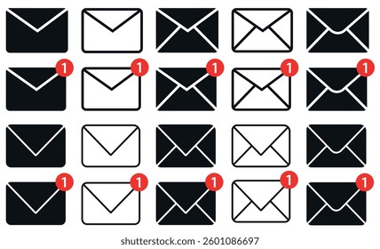 Email Envelope icon with notification badge for digital communication. Mail icon set. set of envelopes