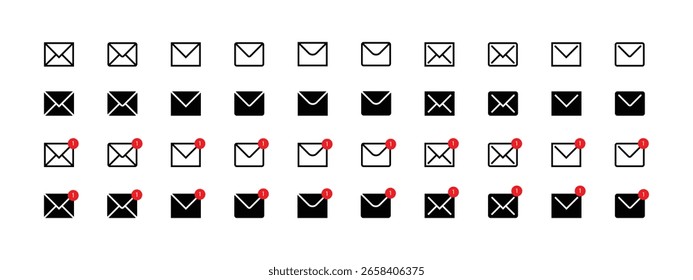 Email Envelope Icon with Notification Badge: Line and Solid Modern Vector Illustration for Digital Communication, Mail, Postage, Business, and Web Interface Symbols