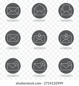 Icono de sobre de correo electrónico con insignia de notificación para comunicación digital, conjunto de iconos de correo electrónico. Color negro, EPS 10.