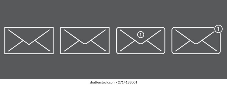 Icono de sobre de correo electrónico con insignia de notificación para comunicación digital, conjunto de iconos de correo electrónico. Color negro, EPS 10.