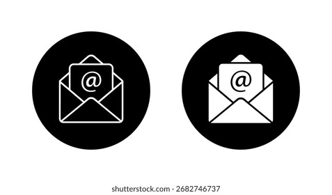 Email envelope icon set in black circle. Open mail message with mention symbol