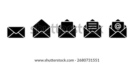 Email envelope icon set. Closed, open mail, incoming letter, text message, and inbox with mention symbol