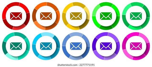 Email, envelope icon set, mail flat design vector illustration in 10 colors options for mobile applications and webdesign