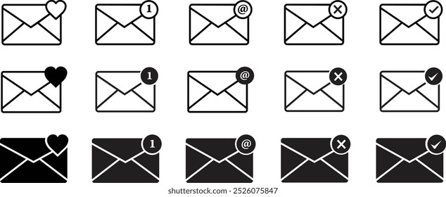 Ícone do envelope de email definido com marcador de nova mensagem isolada no plano de fundo transparente. Processe o coração da notificação de e-mail perdido com letras, marca de seleção, plano de papel e lupa.