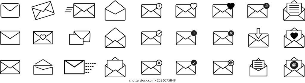 Email envelope icon set with marker new message isolated isolated on transparent background. Render email notification heart missed with letters, check mark, paper plane and magnifying glass.