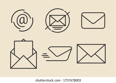 Correo electrónico, conjunto de iconos de sobre. Línea delgada de contorno. Aislado. 