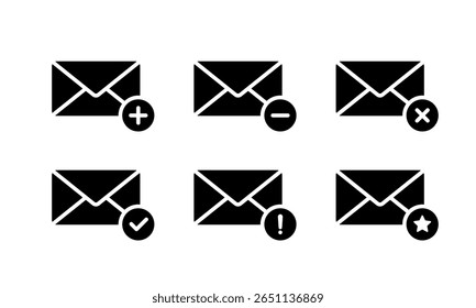 Ícone do envelope de email definido com emblemas de status. Inclui mais, menos, excluir, confirmar, aviso e símbolo de estrela