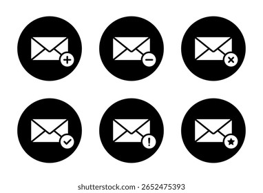 Ícone do envelope de email definido com emblemas de status. Inclui mais, menos, excluir, confirmar, aviso e símbolo de estrela em círculo preto
