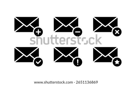 Email envelope icon set with status badges. Includes plus, minus, delete, confirm, warning, and star symbol