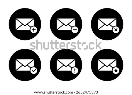 Email envelope icon set with status badges. Includes plus, minus, delete, confirm, warning, and star symbol in black circle