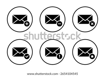 Email envelope icon set with status badges. Includes plus, minus, delete, confirm, warning, and star symbol in circular outline