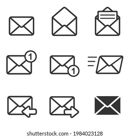 Ilustración vectorial de icono de sobre de correo electrónico. Conjunto de sobres aislados en un fondo blanco. Símbolo de correo, comunicación, comunicación.