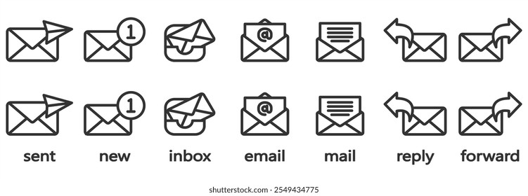 Ilustração vetorial do ícone do envelope de e-mail, correio enviado, novo e-mail, caixa de entrada, e-mail, resposta e e-mail encaminhado. Ícone de email definido em plano de fundo transparente. Ícone de mídia social. Conjunto de ícones de e-mail linear e plano.