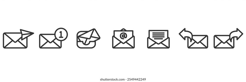 Ilustração vetorial do ícone do envelope de e-mail, correio enviado, novo e-mail, caixa de entrada, e-mail, resposta e e-mail encaminhado. Ícone de mídia social. Conjunto de ícones de email linear. Ícone de email definido em plano de fundo transparente. Traçado editável.