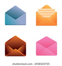 Iconos de correo electrónico sobre conjunto de Vector de dibujos animados. Abrir y cerrar sobre con documento. Servicio de correo, marketing por correo electrónico