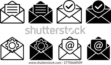 Email envelope icons set with check mark gear and at symbols vector