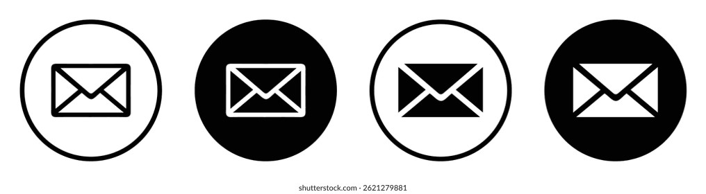 Email envelope icons set. Mail symbol collection with circular designs. Envelope icon linear and silhouette logotype. Ideal for web, app, contact buttons, messaging interfaces, and communication.