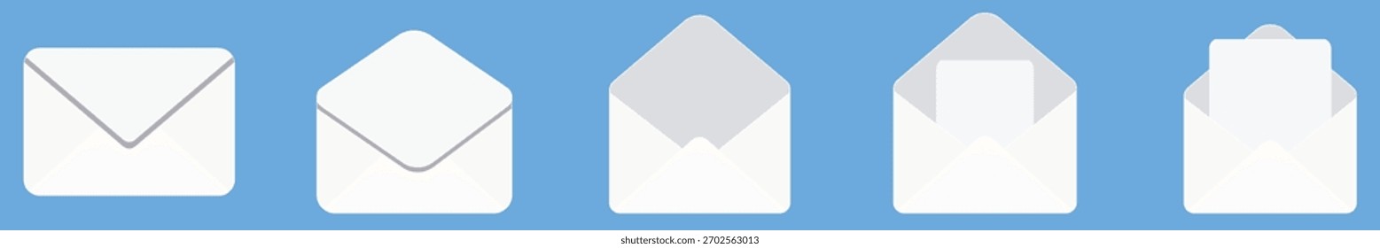 Iconos de sobres que muestran Formas de correo cerradas y abiertas con inserciones de solapa y letra visibles, ideales para App de correo electrónico, herramientas de mensajería, interfaz de usuario de la bandeja de entrada, gráficos de comunicación y diseños postales.