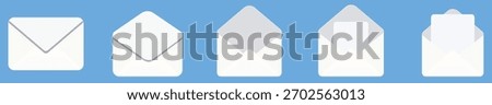 Email envelope icons set showing closed and open mail symbols in flat style for messaging, inbox, notification and communication use.