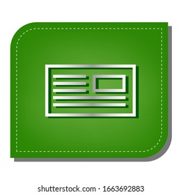 Correo electrónico, sobre, signo de carta. Icono de línea de gradiente plateado con sombra verde oscuro en hoja verde con parches ecológicos. Ilustración.