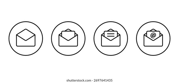 Colección de icono de línea de sobre de correo electrónico en contorno circular. Abrir el correo con la letra y el símbolo de mención para el mensaje