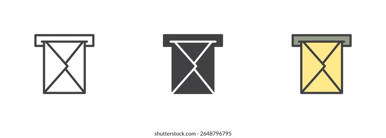 Email envelope in mailbox line icon, solid and filled outline colorful icon set featuring mail envelope entering a mailbox outline, solid and filled icon as color vector sign symbol.