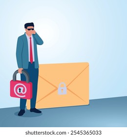 Un hombre de sobres de correo electrónico. Ilustración para seguridad de correo electrónico, protección digital, privacidad y confidencialidad.
