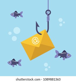 Email envelope on fishing hook and fishes swimming. Netwrok and internet security concept. Vector illustration