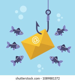 Email envelope on fishing hook and fishes swimming around. Netwrok and internet security concept. Vector illustration